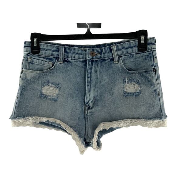Forever 21 Lace Trim Distressed Denim High Rise Booty Summer Shorts Size 29/8 - Picture 6 of 6